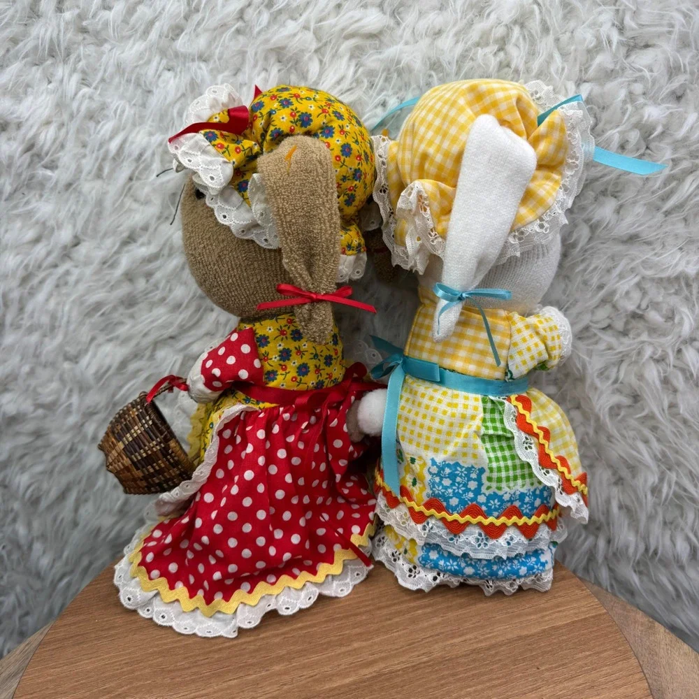 Easter Bunny Sock Dolls Handmade Spring Decor Set of‎ 2 Yellow Gingham Polka Dot